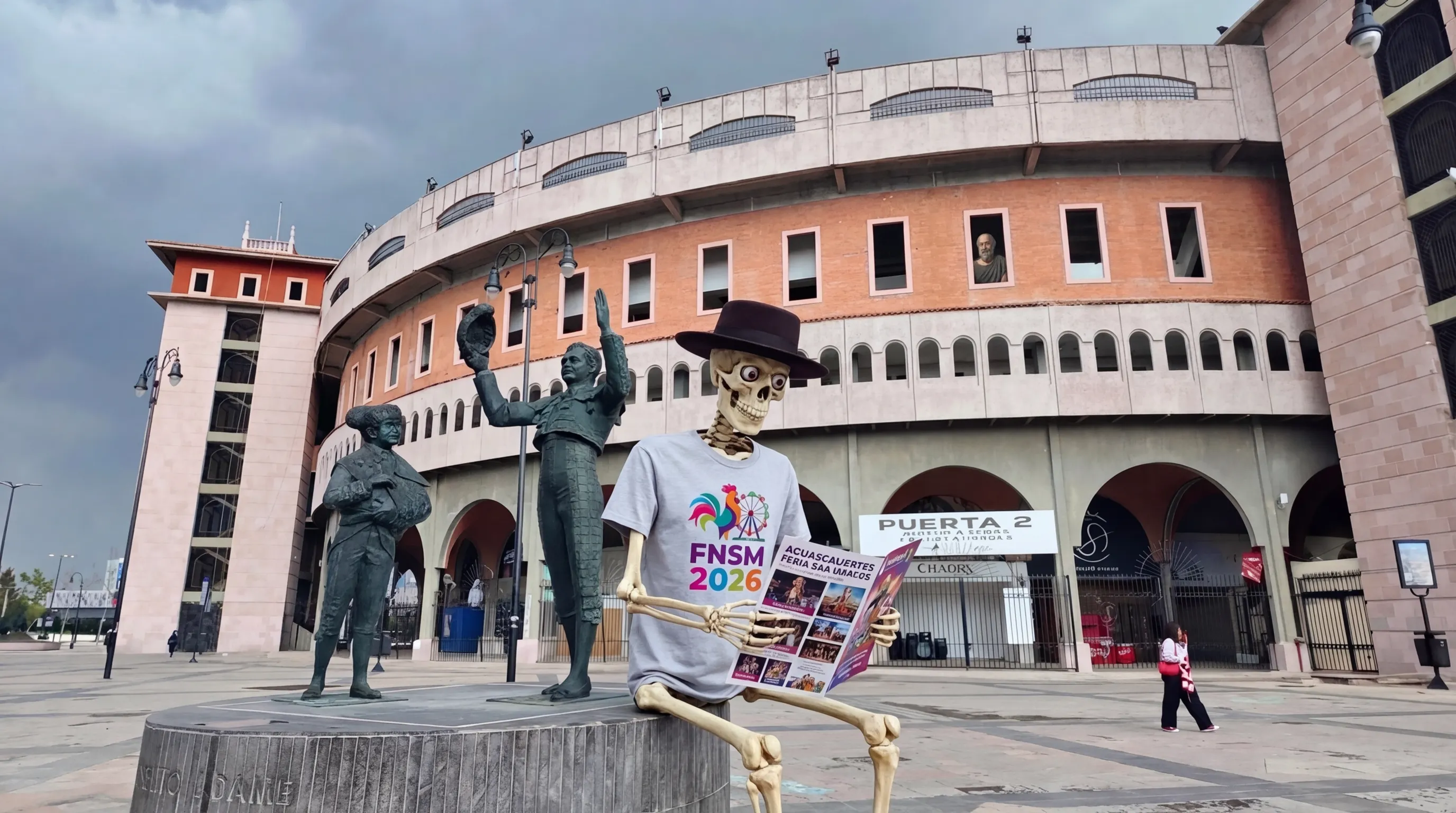 Calavera planeando la Feria afuera de la Plaza de Toros
